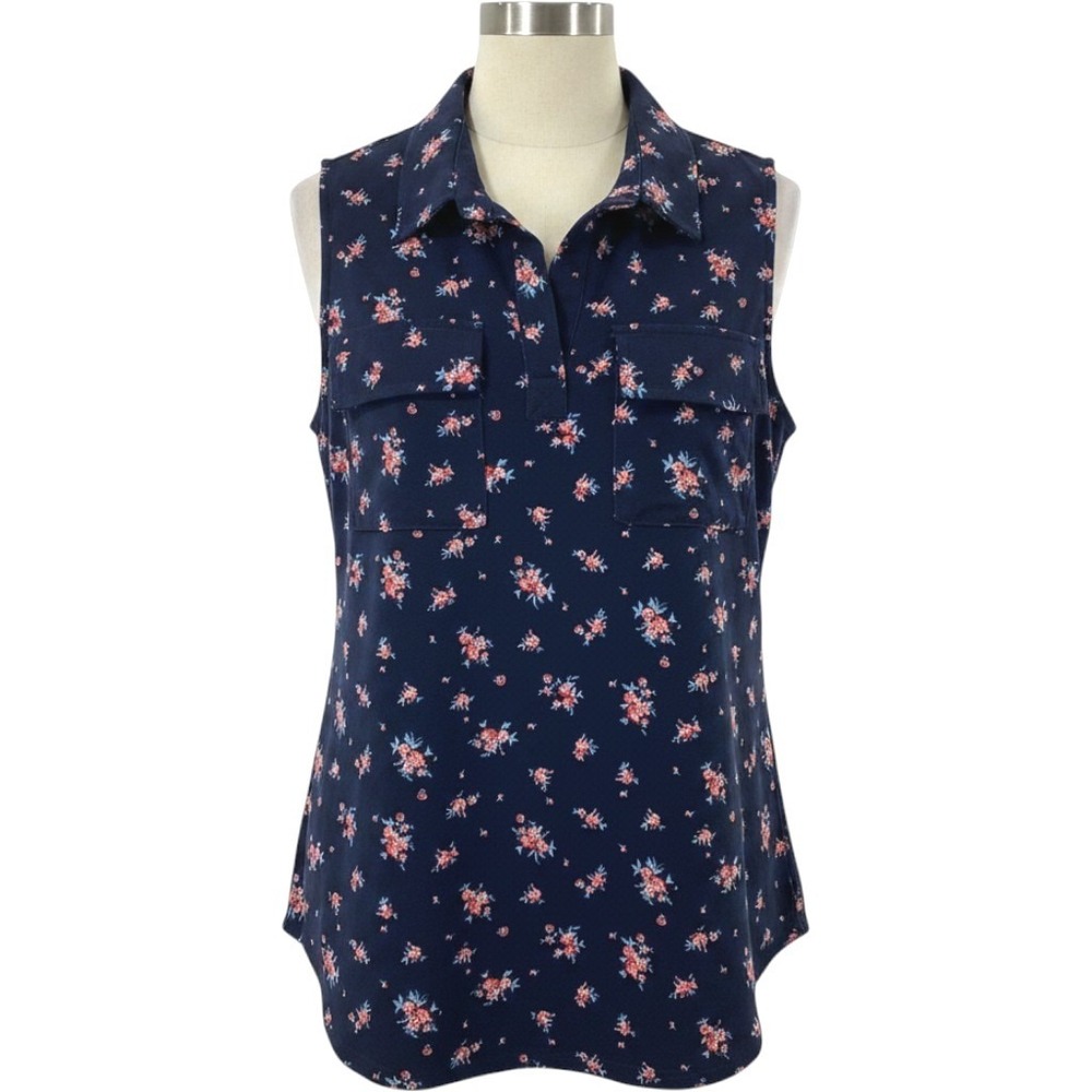 CURE.‎ Blouse Women Medium Navy Blue Floral Sleeveless Cottagecore Summer Top